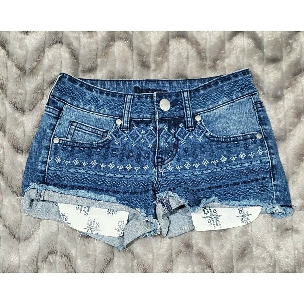 Decree Womens Juniors Size 1 Geometric Embroidered Cut Off Denim Booty Shorts